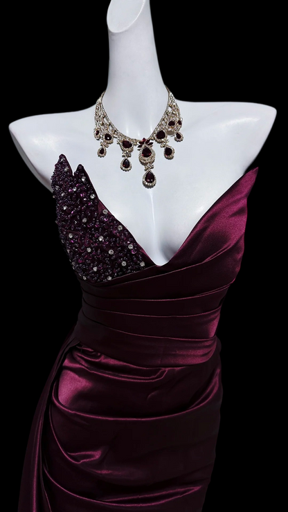 V Neck Wine Red Mermaid Formal Prom Dress Beaded Evening Gown  P2416