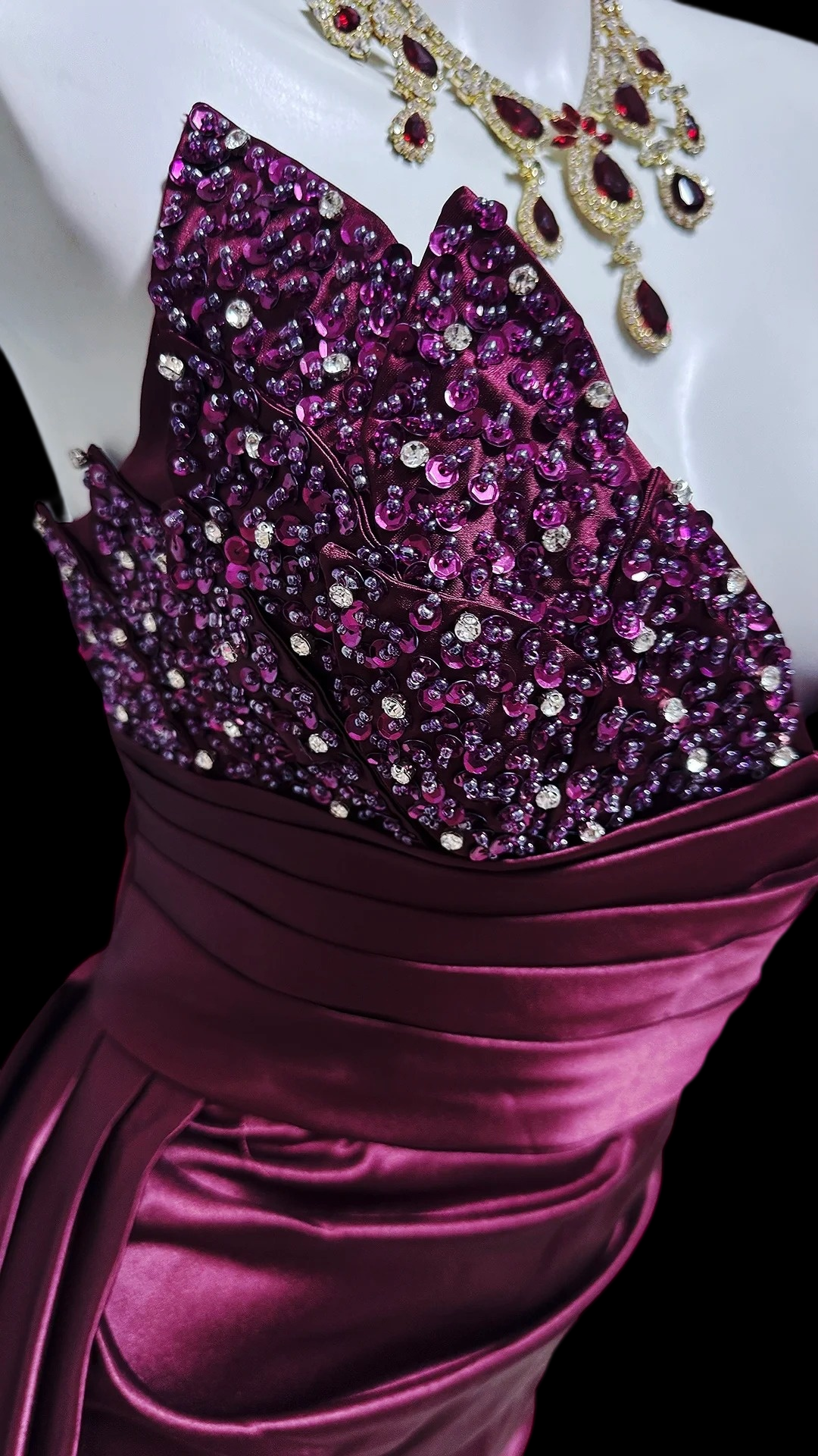 V Neck Wine Red Mermaid Formal Prom Dress Beaded Evening Gown  P2416