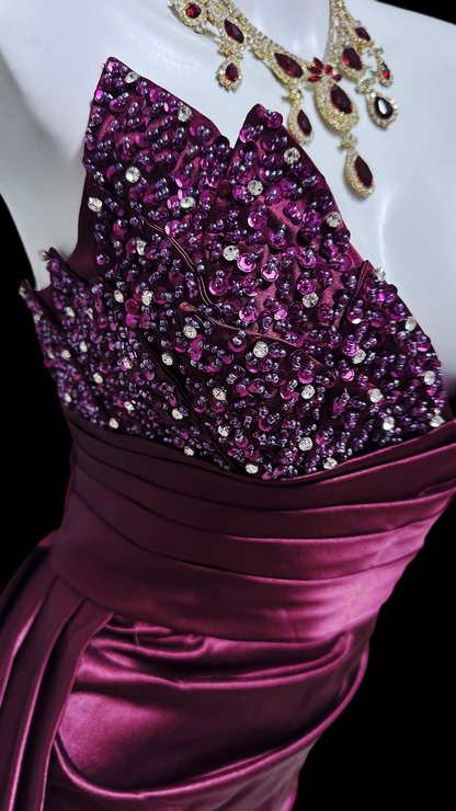 V Neck Wine Red Mermaid Formal Prom Dress Beaded Evening Gown  P2416
