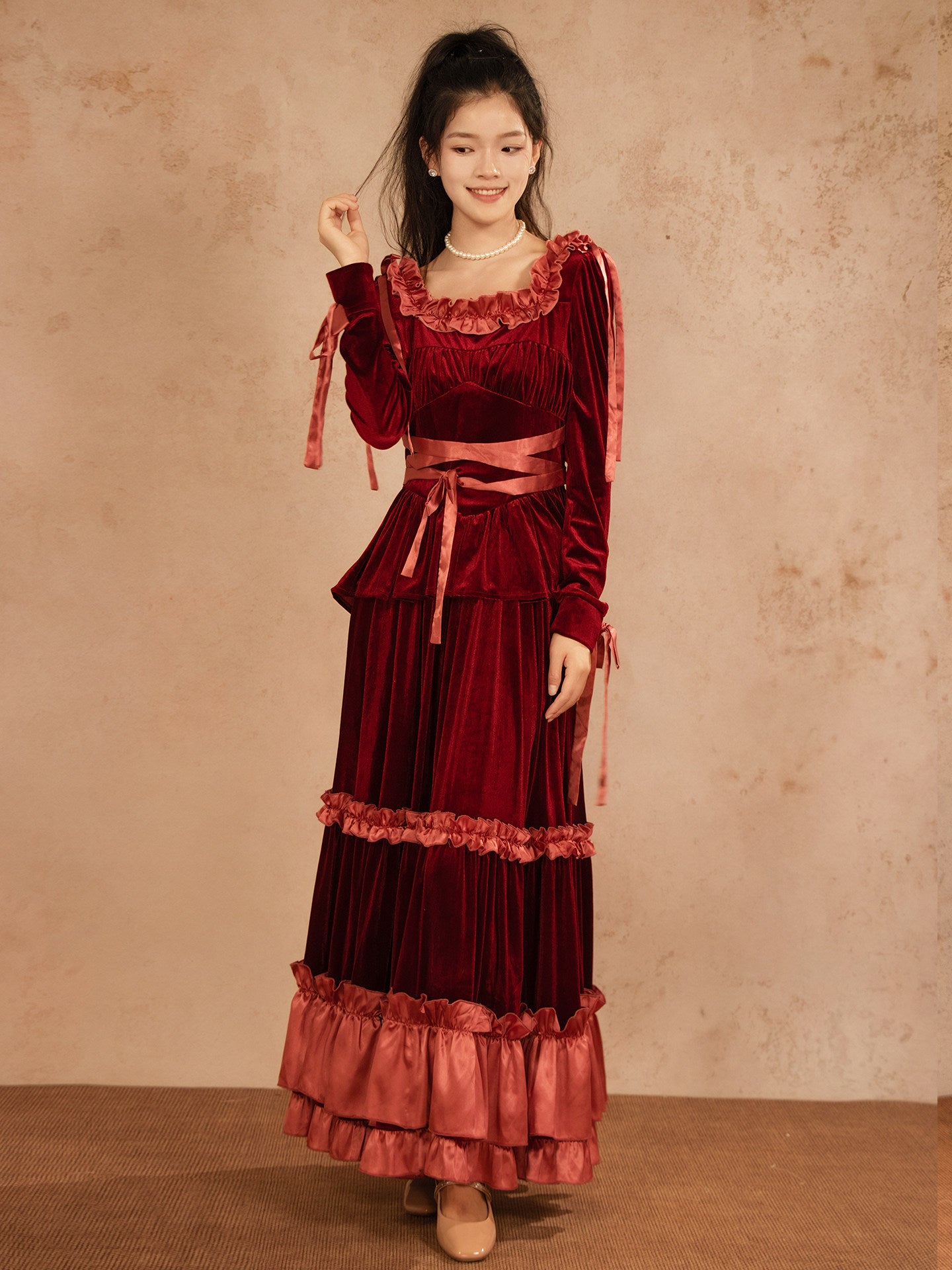 Velvet Ruffled Burgundy A Line Long Dress with Sleeves P779