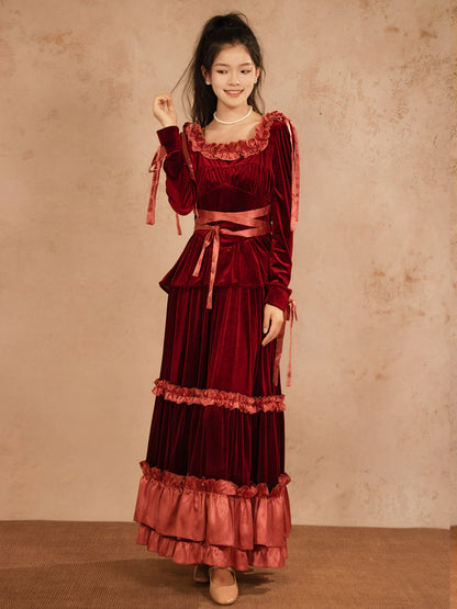 Velvet Ruffled Burgundy A Line Long Dress with Sleeves P779