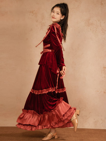 Velvet Ruffled Burgundy A Line Long Dress with Sleeves P779