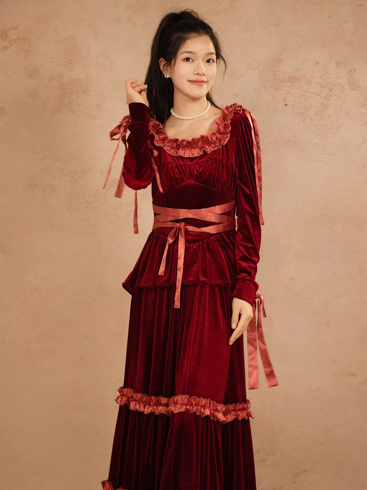 Velvet Ruffled Burgundy A Line Long Dress with Sleeves P779
