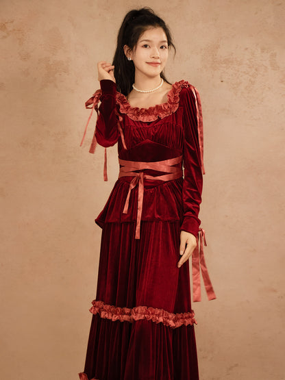 Velvet Ruffled Burgundy A Line Long Dress with Sleeves P779