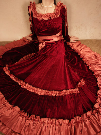 Velvet Ruffled Burgundy A Line Long Dress with Sleeves P779