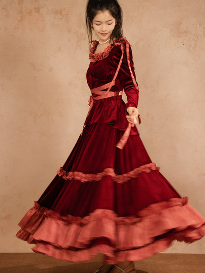 Velvet Ruffled Burgundy A Line Long Dress with Sleeves P779