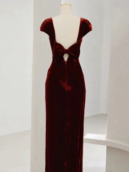Vintage Sheath Burgundy Velvet Prom Dresses With Bow  P727