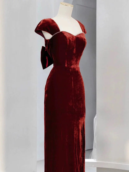 Vintage Sheath Burgundy Velvet Prom Dresses With Bow  P727
