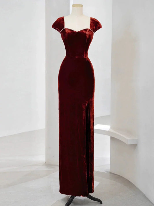 Vintage Sheath Burgundy Velvet Prom Dresses With Bow  P727
