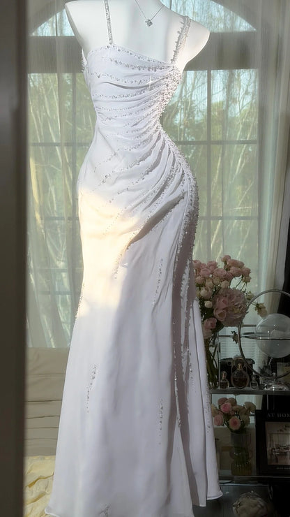 White Chiffon Mermaid Wedding Dress Beading Formal Evening Gown  P1208