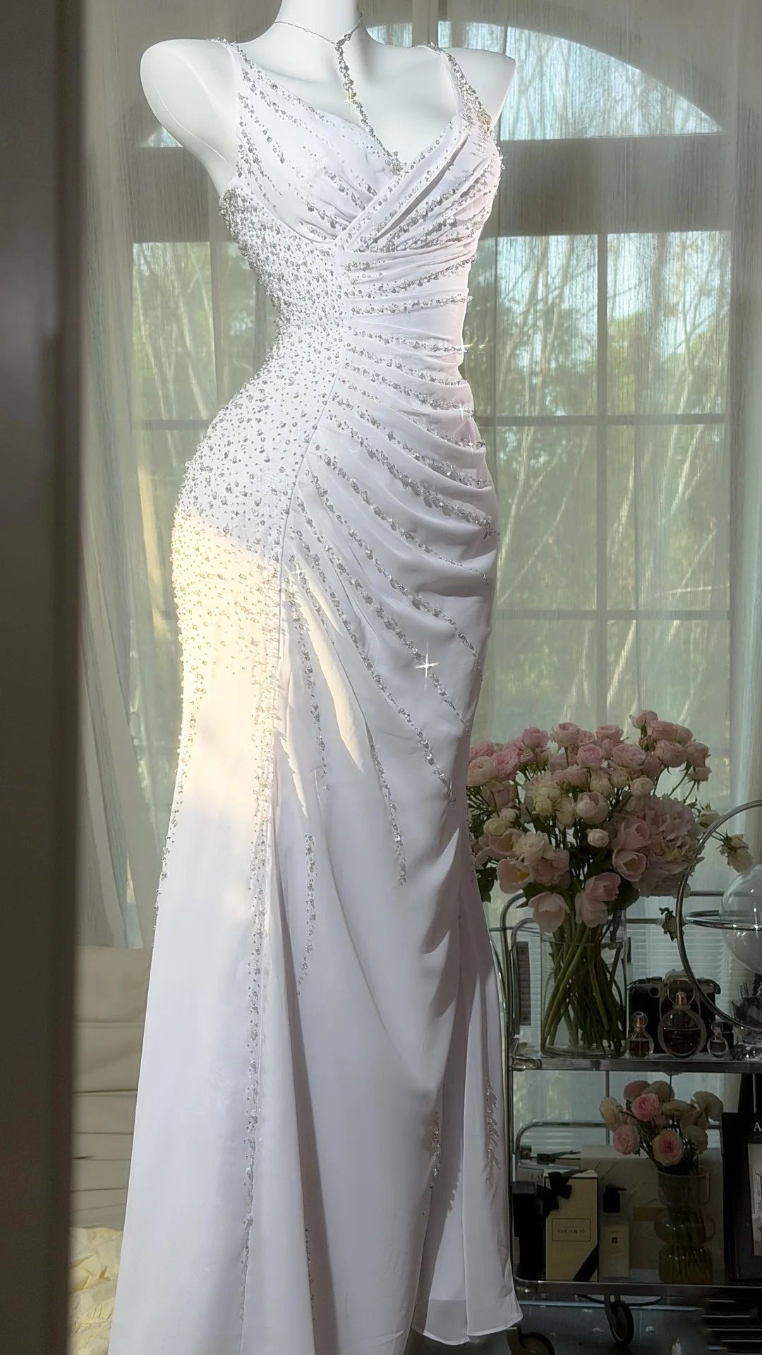 White Chiffon Mermaid Wedding Dress Beading Formal Evening Gown  P1208