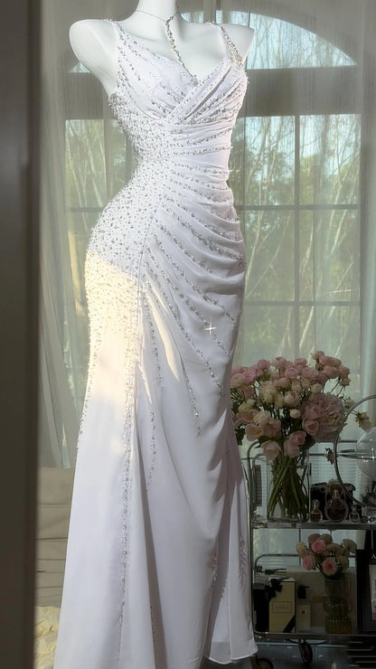 White Chiffon Mermaid Wedding Dress Beading Formal Evening Gown  P1208