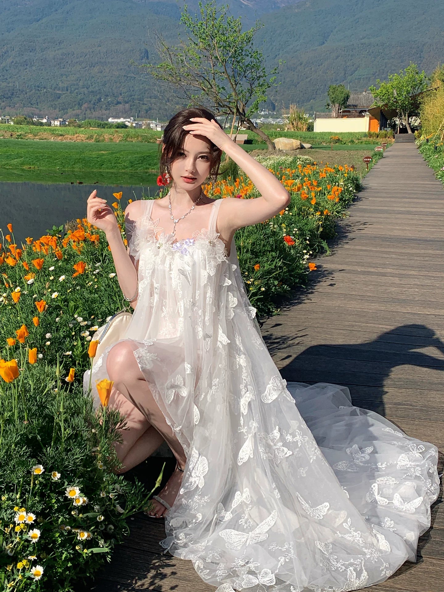 White Embroidered Tulle  Dress Fairy Wedding  Dress    L152