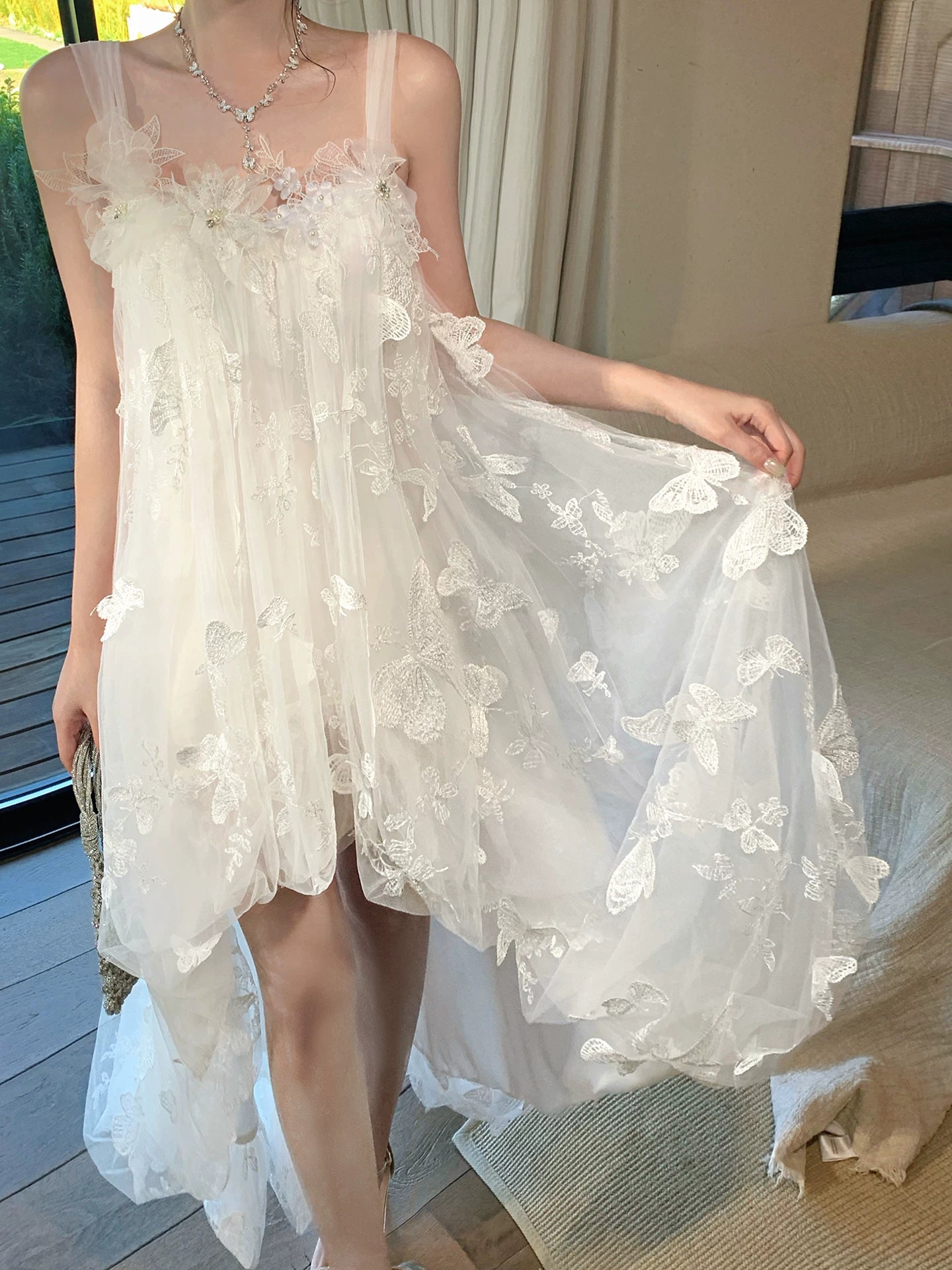 White Embroidered Tulle  Dress Fairy Wedding  Dress    L152