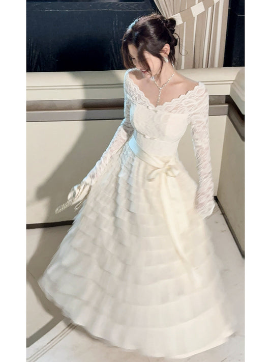 White Lace Evening Dress with Long Sleeves Tulle Birthday Dress  L52