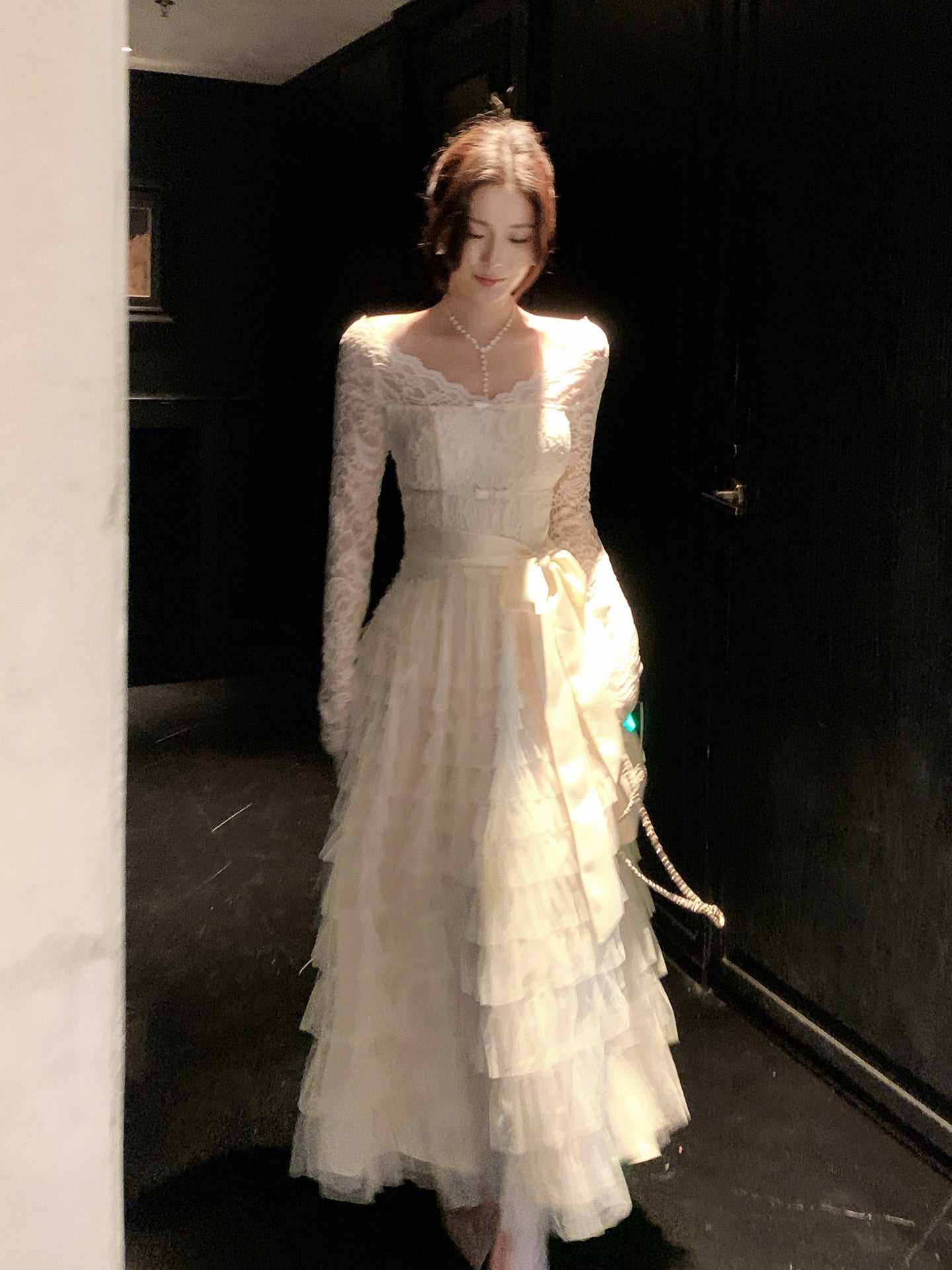 White Lace Evening Dress with Long Sleeves Tulle Birthday Dress  L52