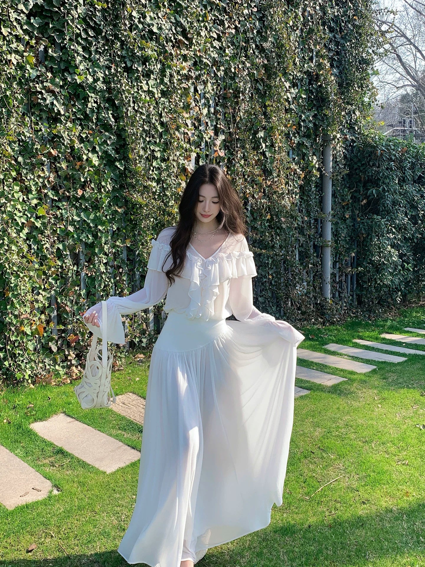 White Long-sleeve Top and Summer Mesh Long Dress Set  L146