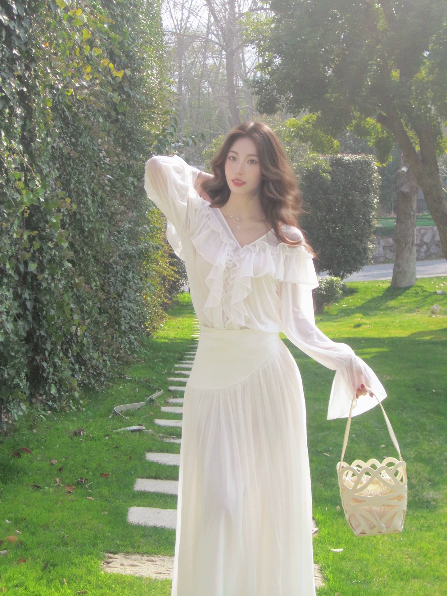White Long-sleeve Top and Summer Mesh Long Dress Set  L146