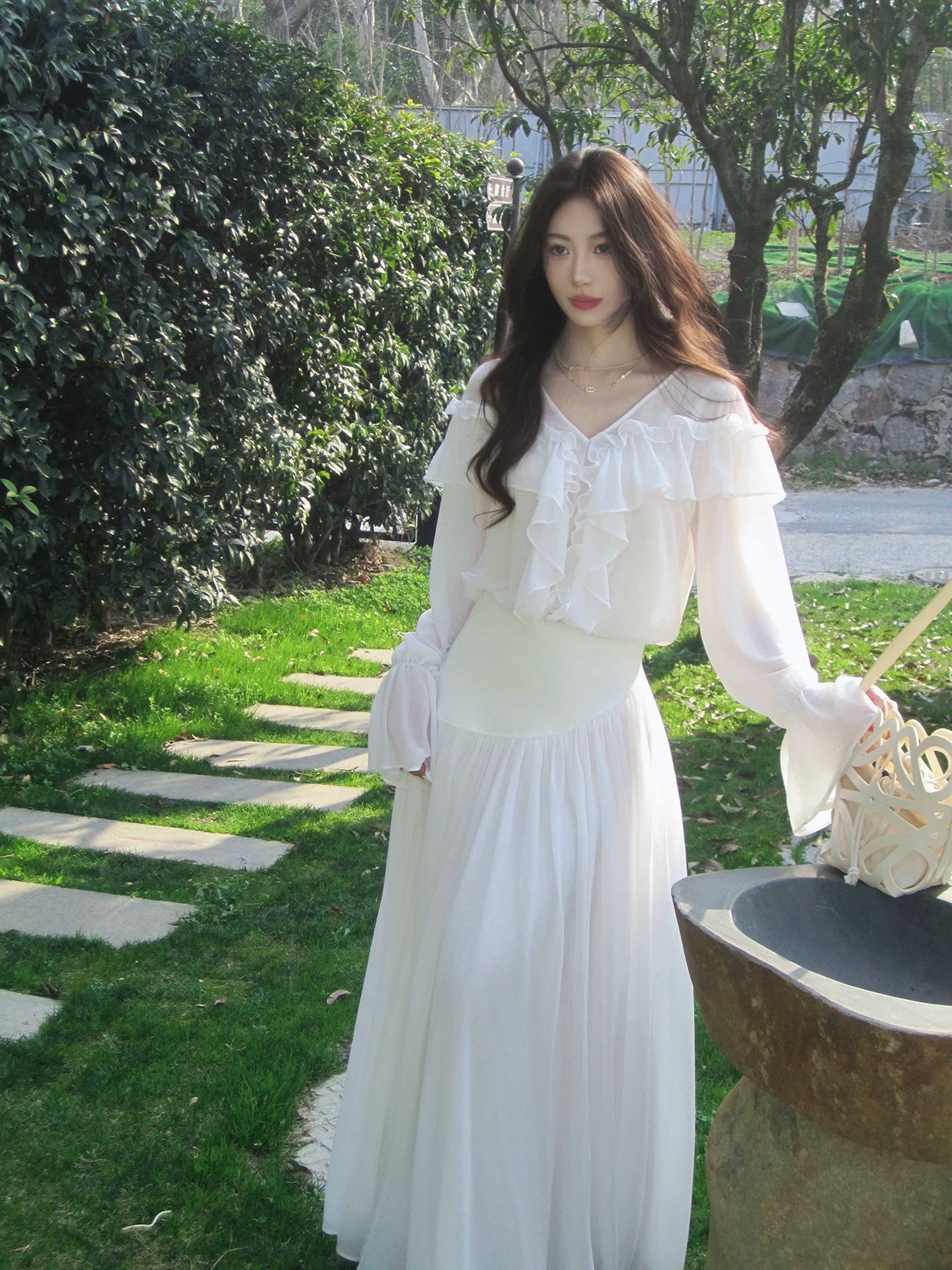 White Long-sleeve Top and Summer Mesh Long Dress Set  L146