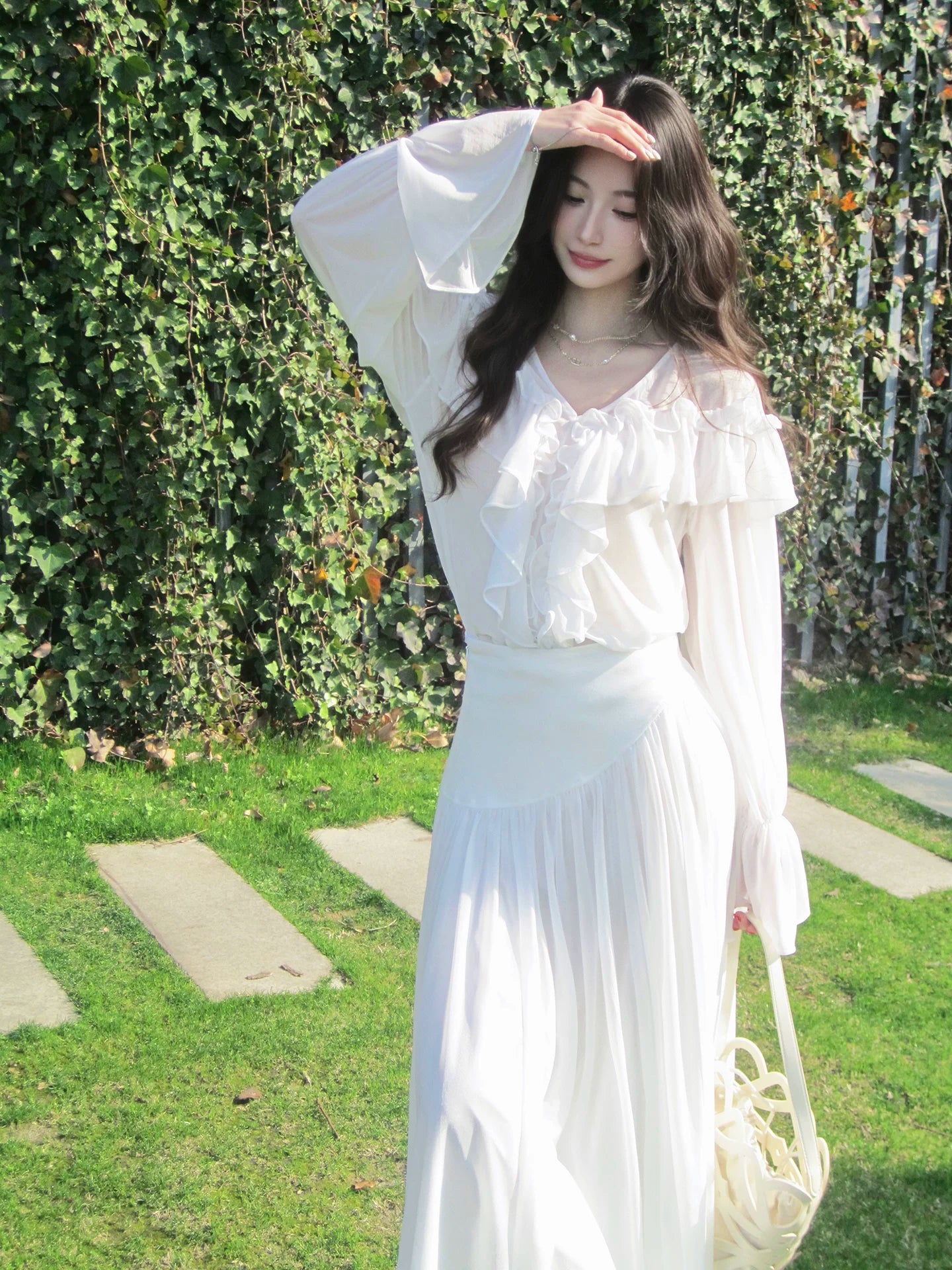 White Long-sleeve Top and Summer Mesh Long Dress Set  L146