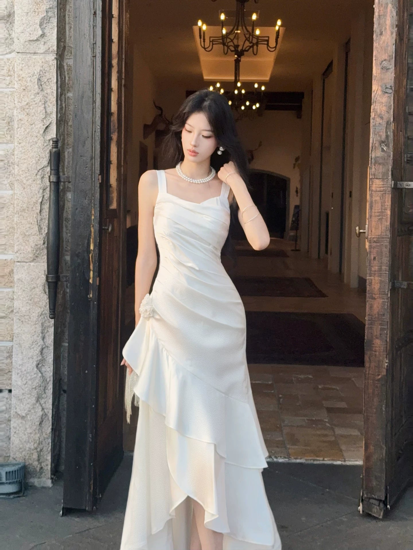 White Ruffled Birthday Dress Irregular Mermaid Maxi Dress  P1613