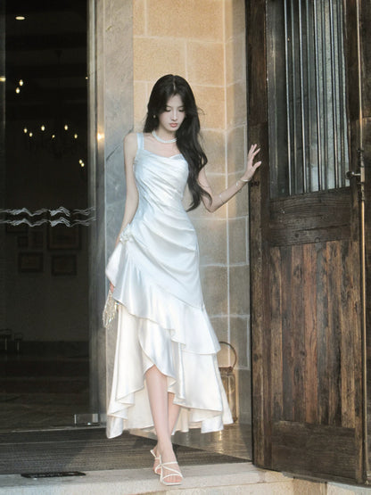 White Ruffled Birthday Dress Irregular Mermaid Maxi Dress  P1613