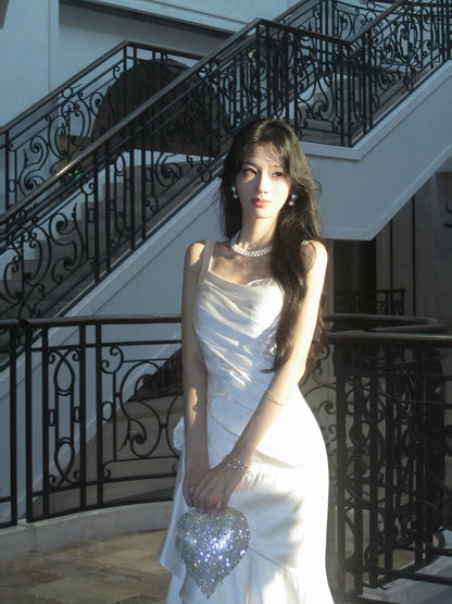 White Ruffled Birthday Dress Irregular Mermaid Maxi Dress  P1613