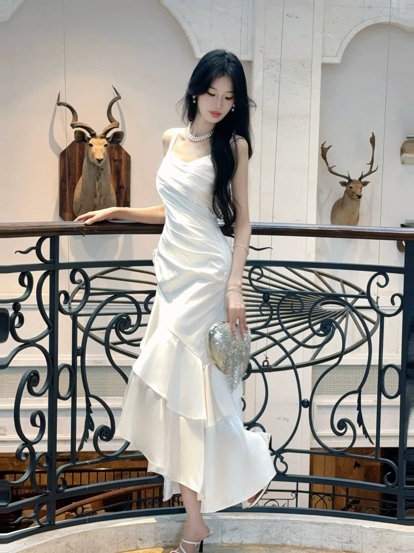 White Ruffled Birthday Dress Irregular Mermaid Maxi Dress  P1613