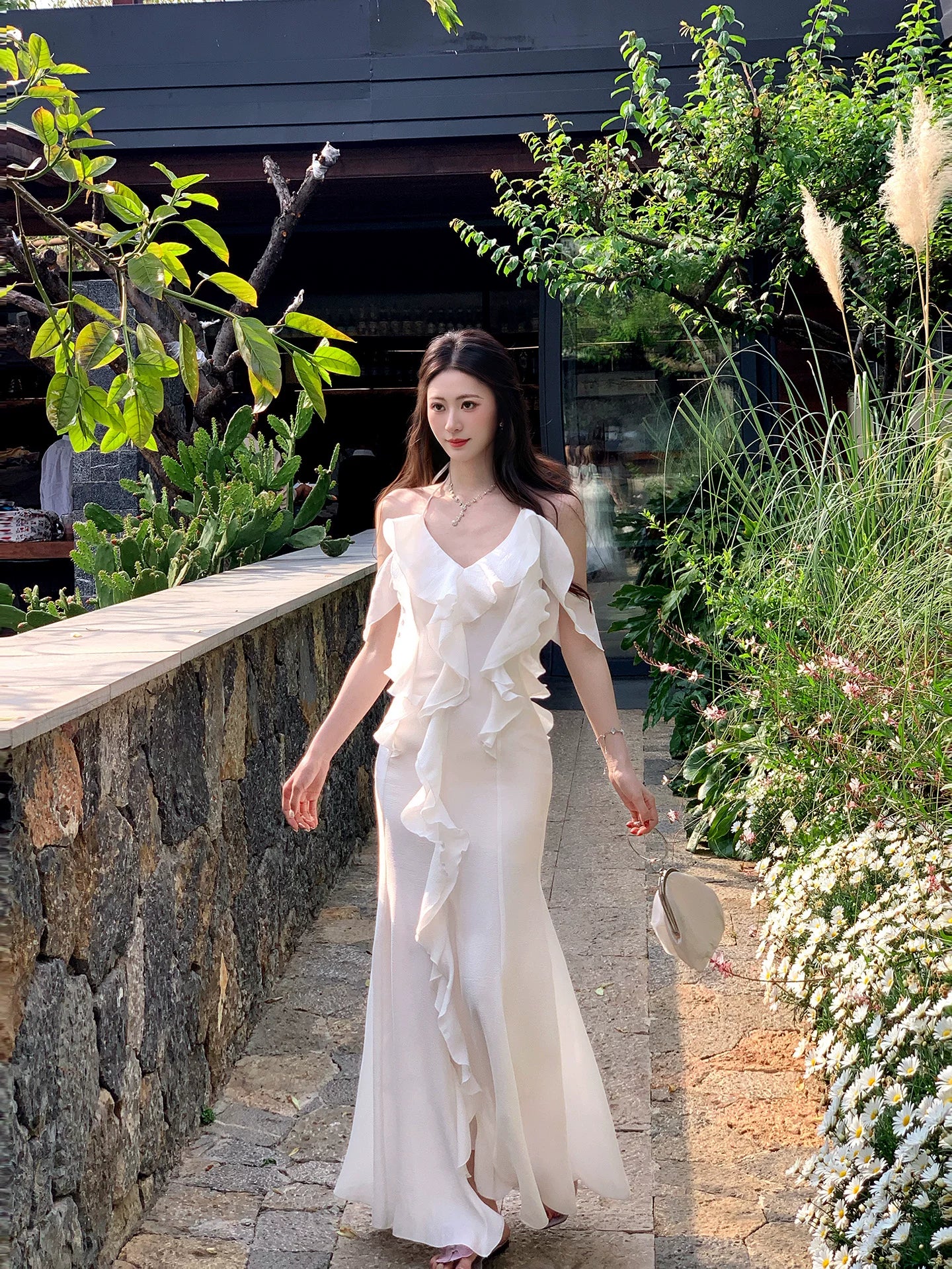 White Ruffled Wedding Dress Long Birthday Dress with Slit  P1598