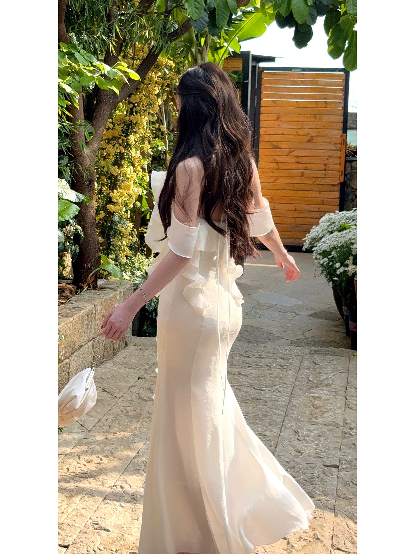 White Ruffled Wedding Dress Long Birthday Dress with Slit  P1598