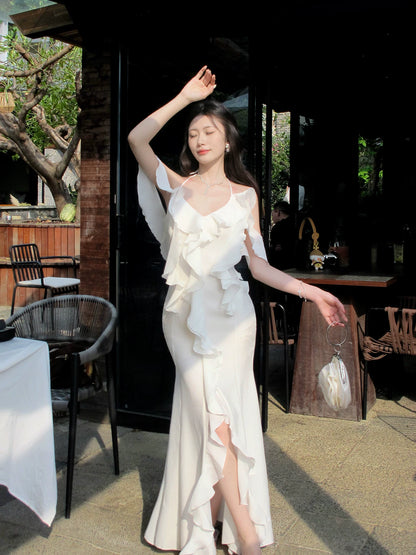 White Ruffled Wedding Dress Long Birthday Dress with Slit  P1598
