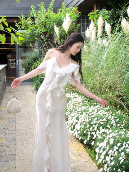 White Ruffled Wedding Dress Long Birthday Dress with Slit  P1598