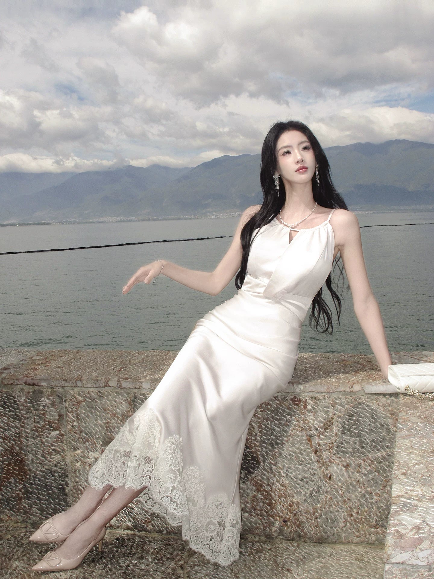 Satin Sheath Wedding Dress Lace Birthday Dress   L151