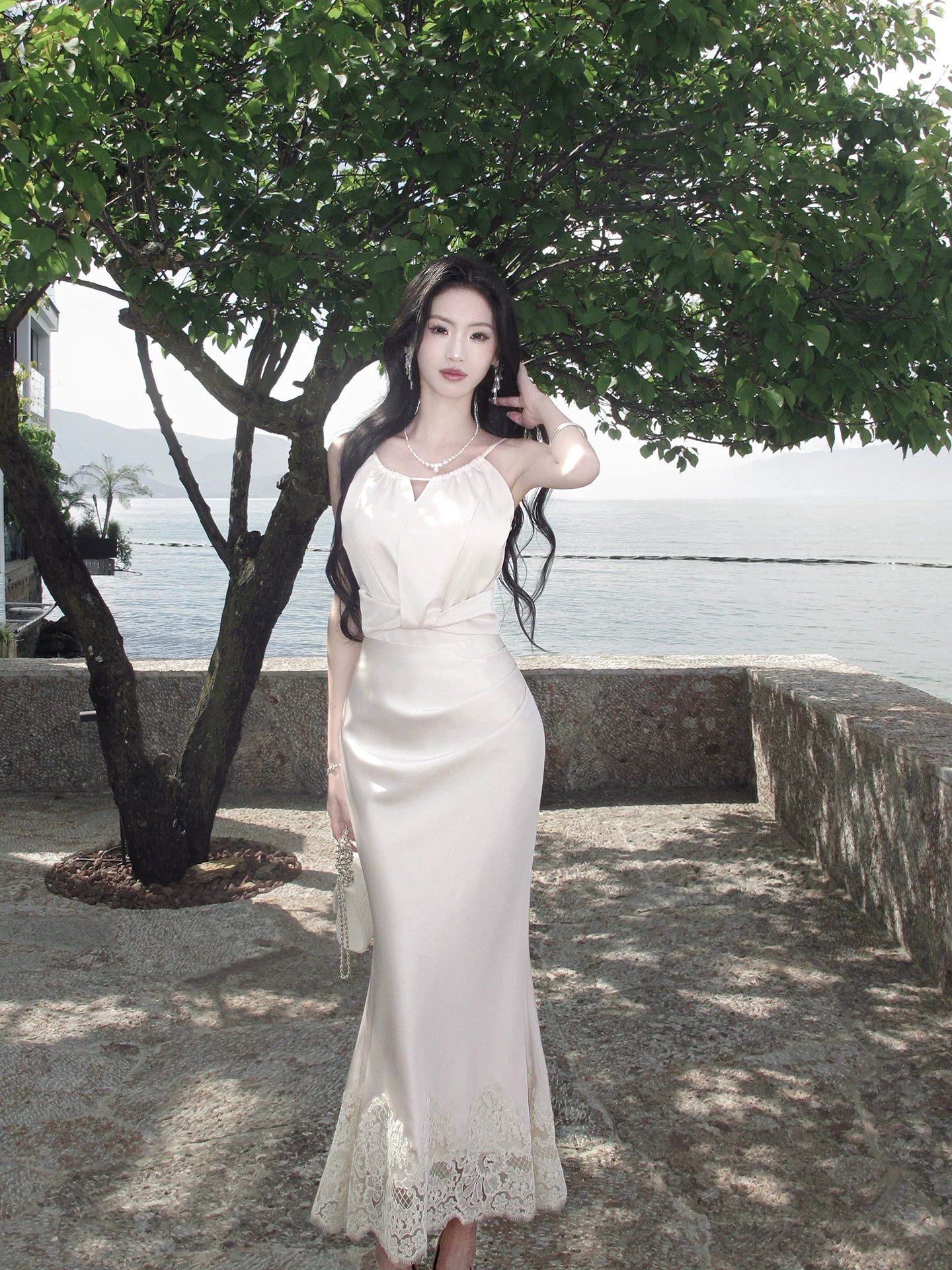 Satin Sheath Wedding Dress Lace Birthday Dress   L151