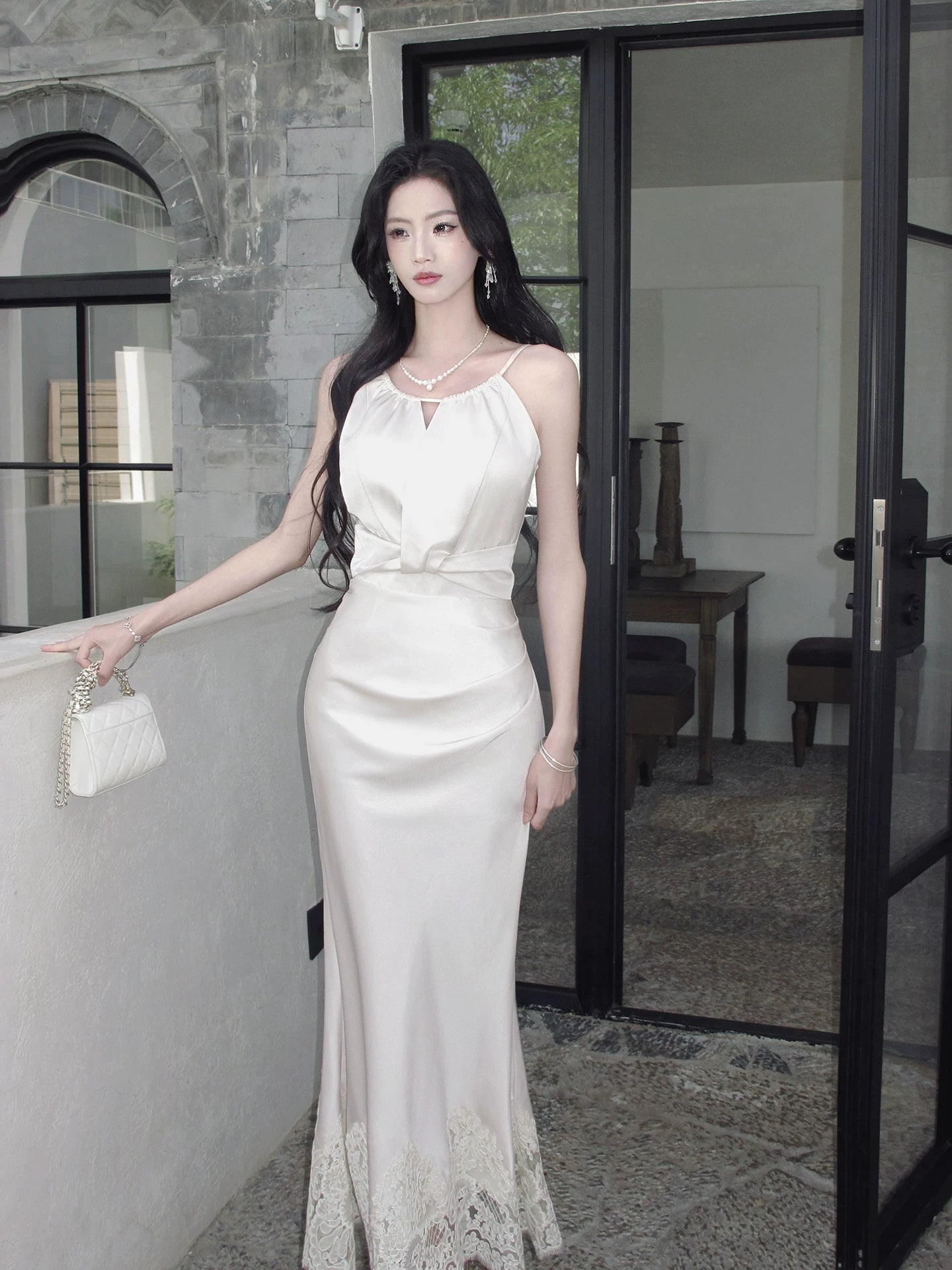 Satin Sheath Wedding Dress Lace Birthday Dress   L151