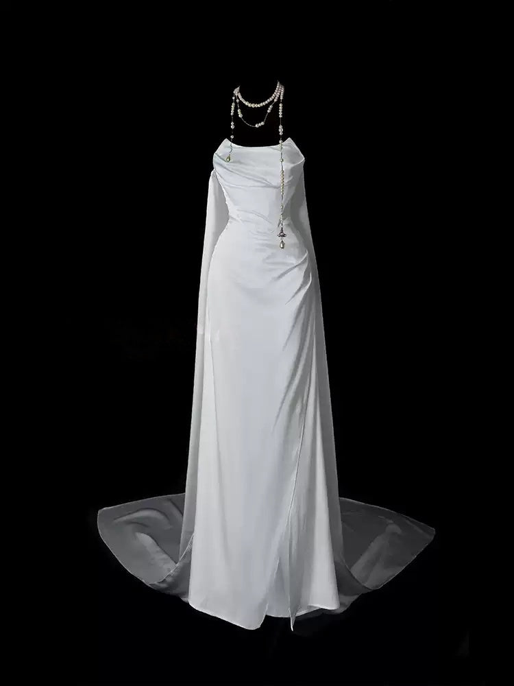 White Sheath Wedding Dress With Trail For Bridal  P691