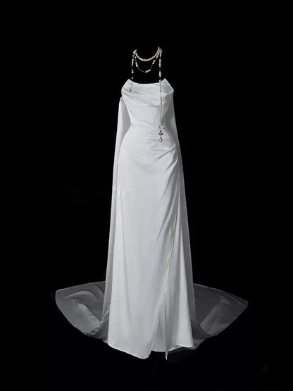 White Sheath Wedding Dress With Trail For Bridal  P691