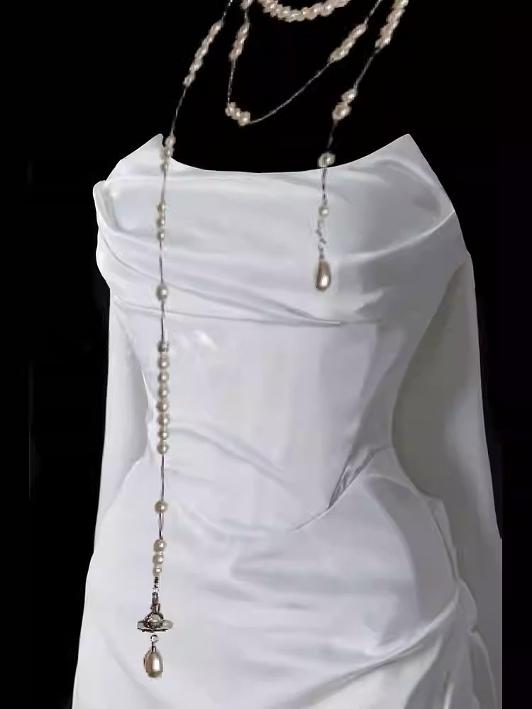 White Sheath Wedding Dress With Trail For Bridal  P691