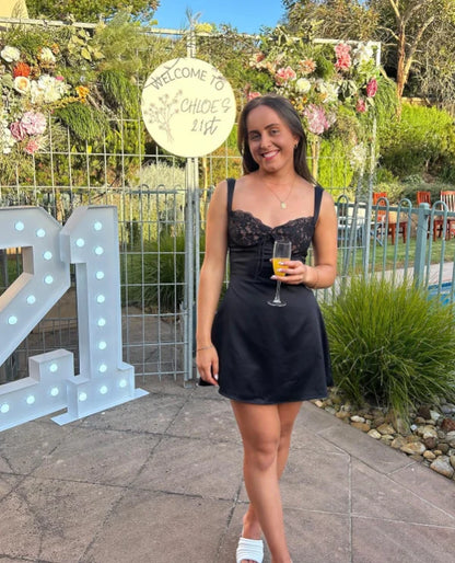 Women Black Lace Mini Dress Sleeveless A‑Line Evening Party Cocktail Dress  P2159