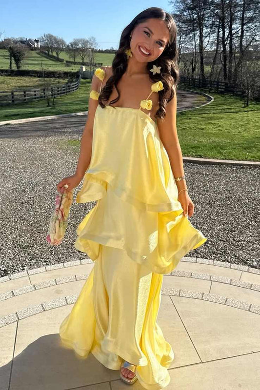 Yellow A-Line Ruffles Satin Formal Prom Dress With Flower  P2530