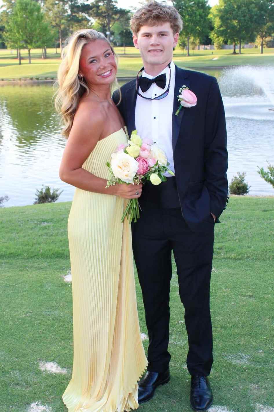 Yellow A-Line Strapless Pleated Long Prom Dress  P2526