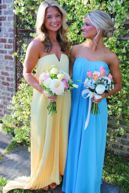 Yellow A-Line Strapless Pleated Long Prom Dress  P2526