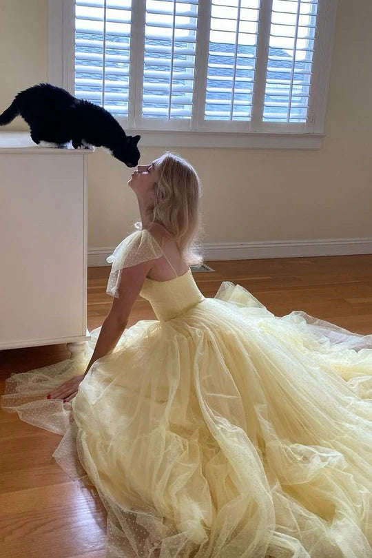 Yellow A-Line Tulle Formal Long Prom Dress  P1001