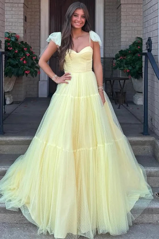 Yellow A-Line Tulle Formal Long Prom Dress  P1001