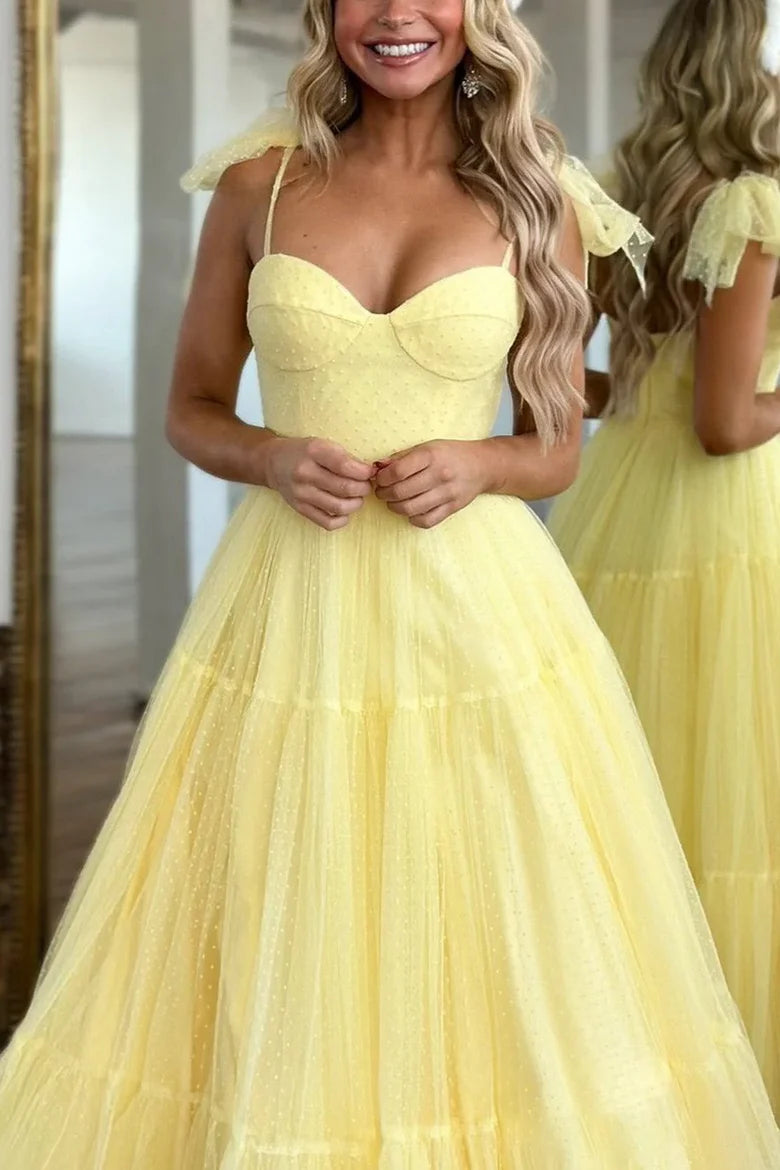 Yellow A-Line Tulle Formal Long Prom Dress  P1001