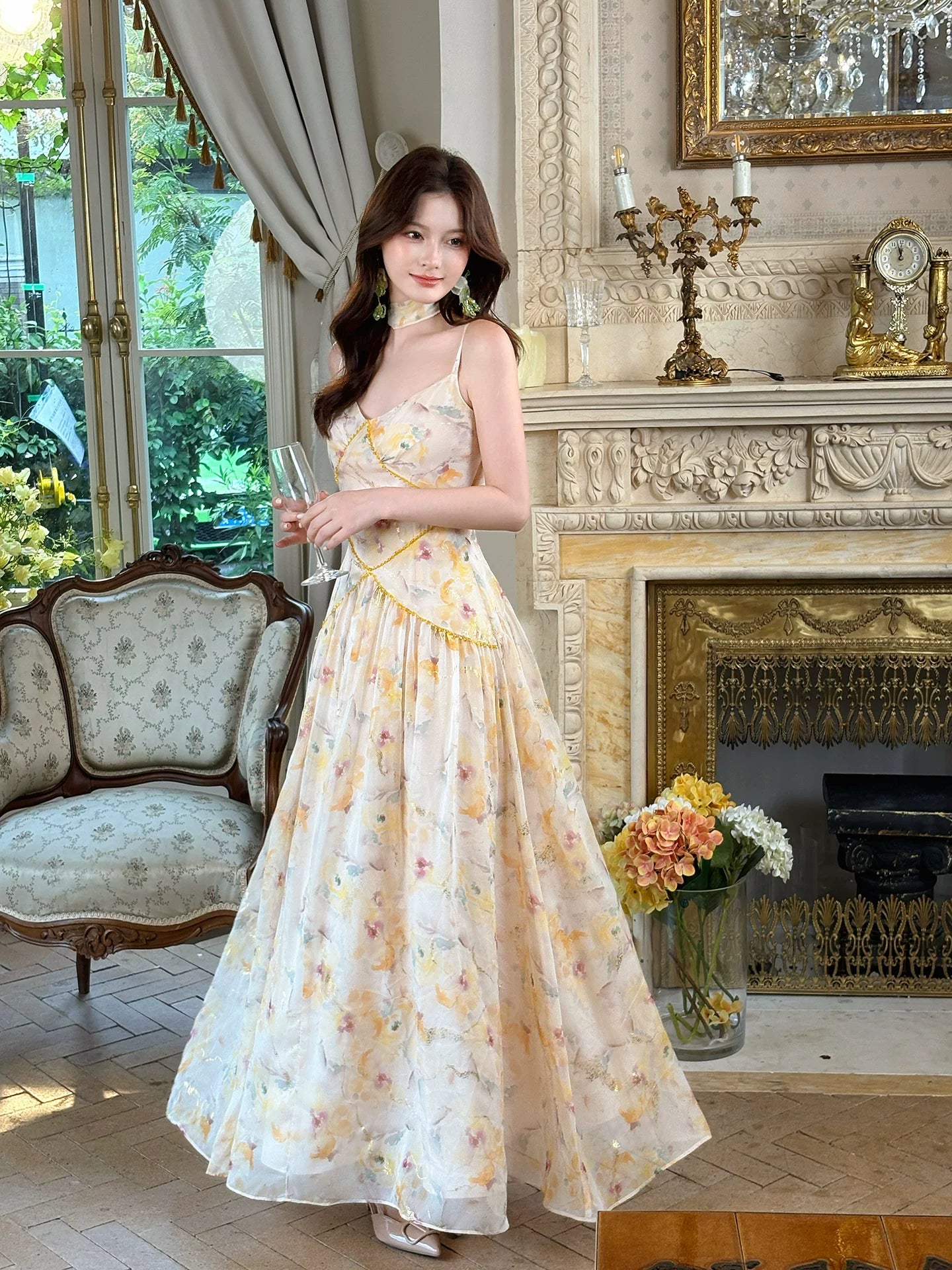 Yellow Floral Print Sleeveless Long Summer  Dress for Women    L111