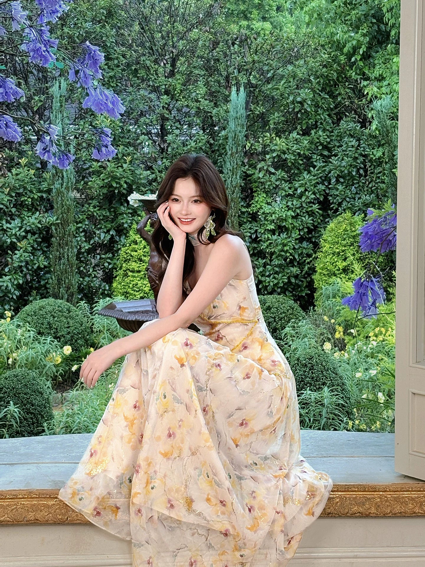 Yellow Floral Print Sleeveless Long Summer  Dress for Women    L111