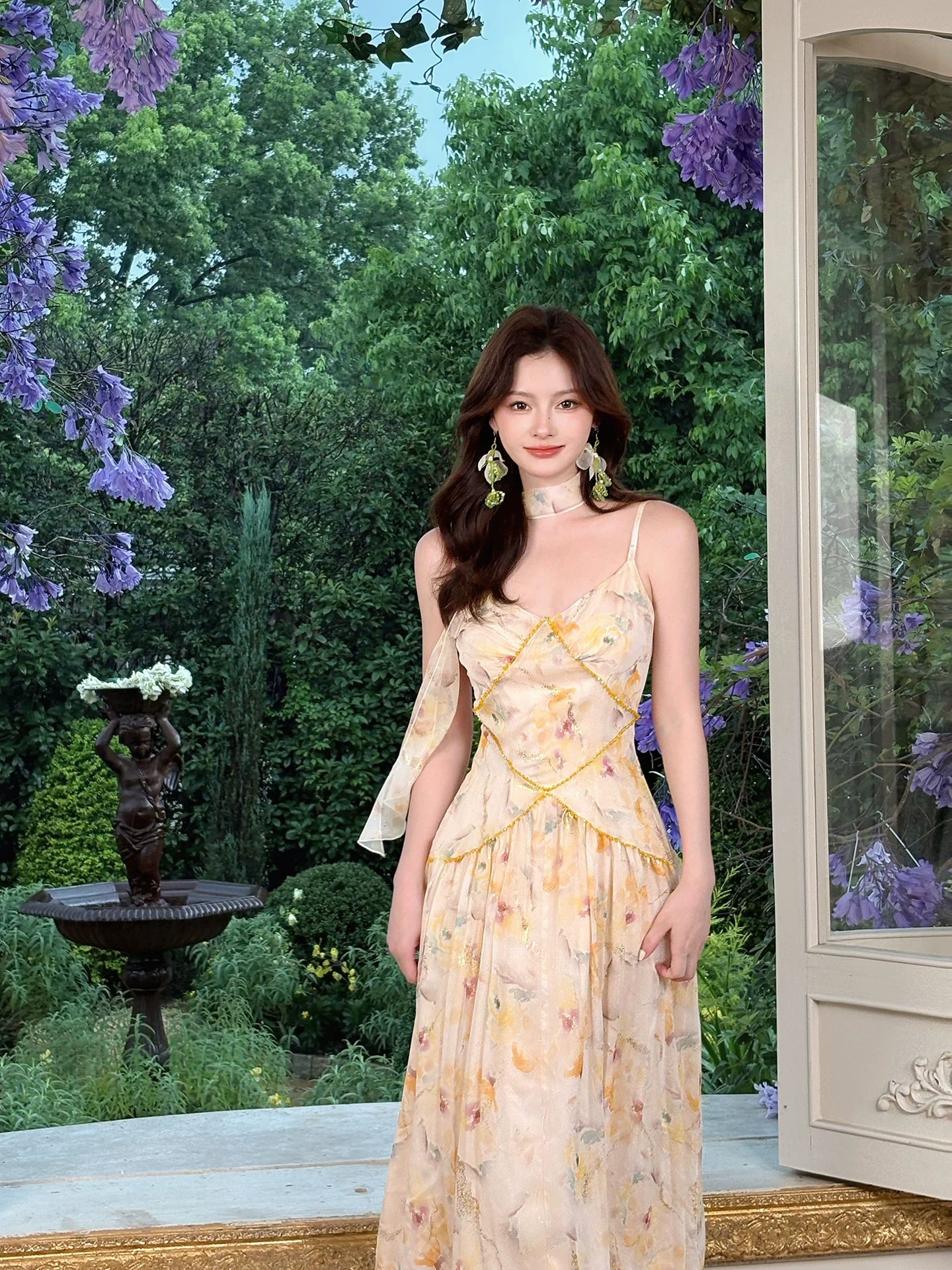 Yellow Floral Print Sleeveless Long Summer  Dress for Women    L111