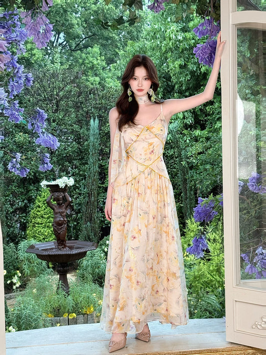 Yellow Floral Print Sleeveless Long Summer  Dress for Women    L111