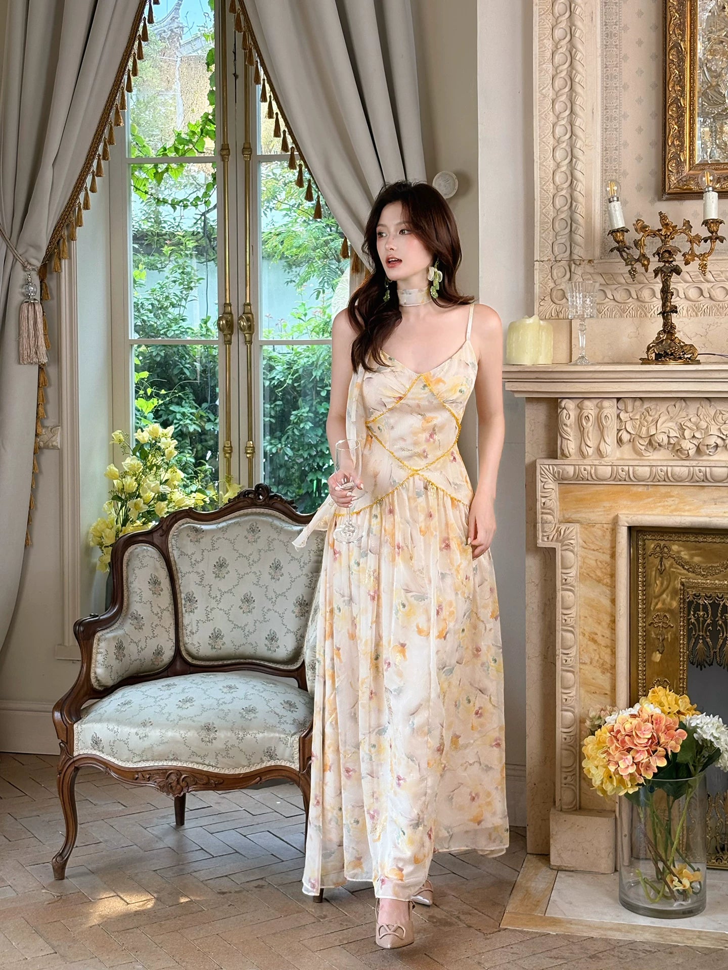 Yellow Floral Print Sleeveless Long Summer  Dress for Women    L111